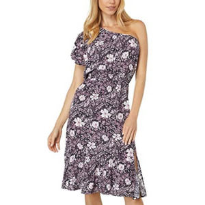 Bobi Black Floral Printed Crepe One Shoulder Ruffle Dress NWT Size Small